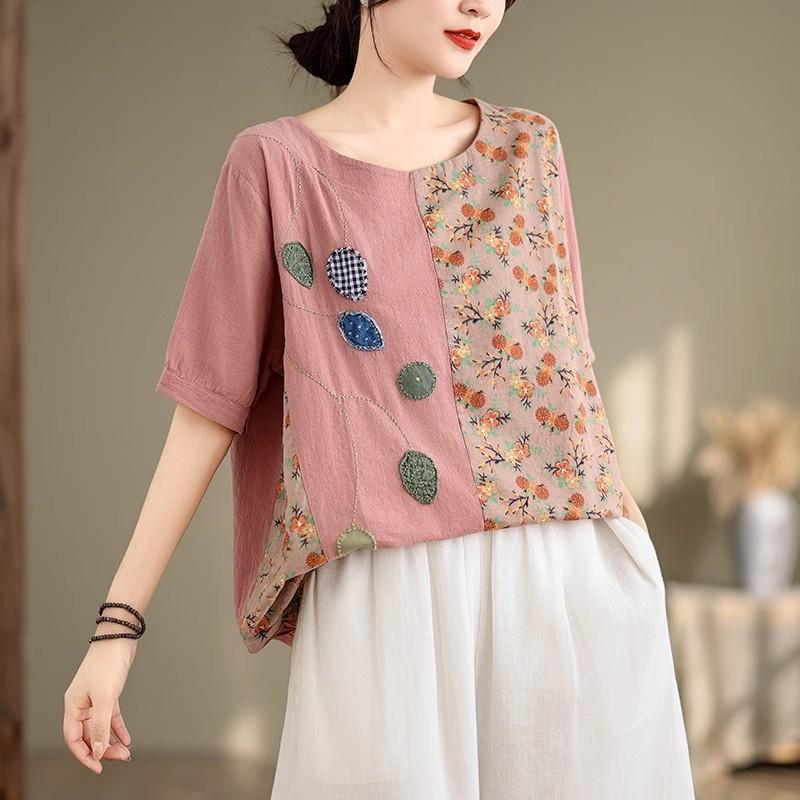 DIMANAF 2024 Verão Plus Size Mulheres Camisetas Estampa Floral Elegante Manga Patchwork Tops Tees Solto Casual Camisa de Linho 91688