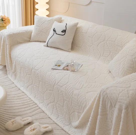 Anti Cat Scratch Large Sofa Cover Ins Style Winter Plush Sofa Towel Solid Color Full Coverage Sofa Blanket Full Cover