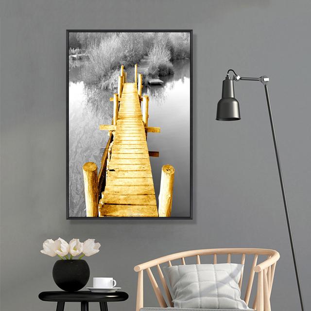 Golden Retro Natural Scenery Canvas Poster Nordic Boat Tree Lake Wall Art Modern Home Decoration Picture for Interior Paintings