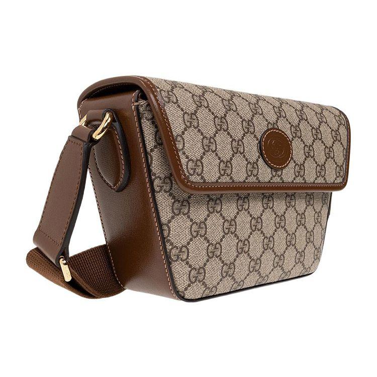 Gucci Interlocking Double G Oval Tag Trapezoidal Leather And Canvas Crossbody Shoulder Bag Men bags 715767-92THG-8563