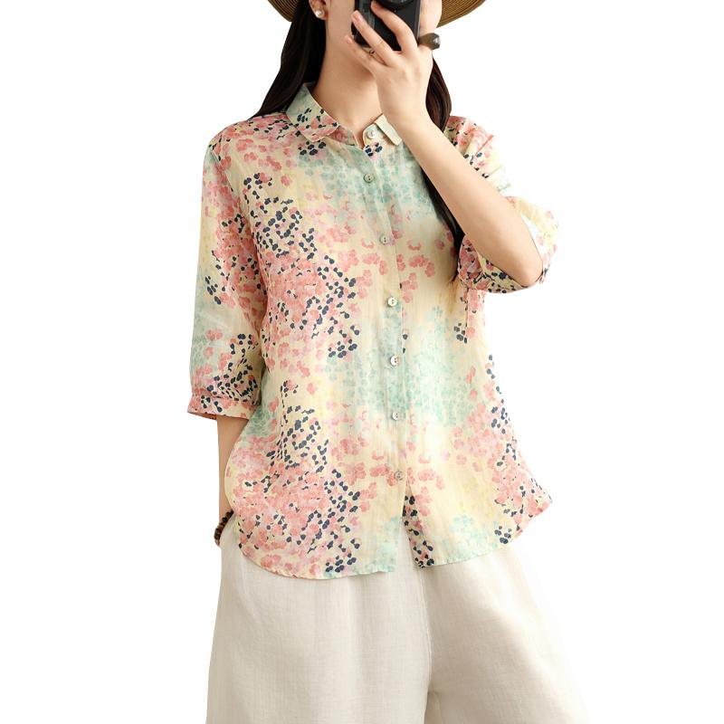 Dimanaf 2025 Women Summer Shirts Plus Size Buttons Cardigan Linen Printing Loose New Tops Tees