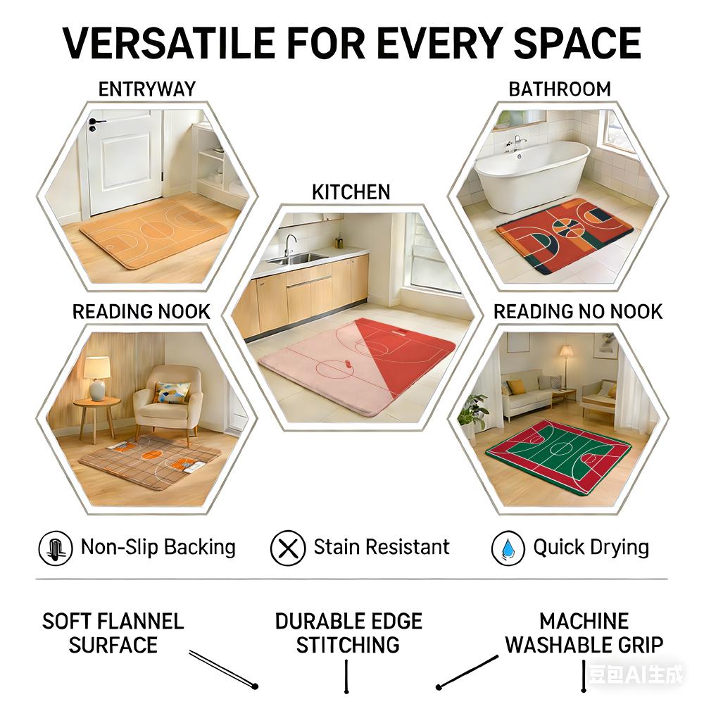 Basketball Court Pattern Floor Mat Eco Flannel Doormat Non-Slip Odorless Indoor Soft Short Plush Floor Rug