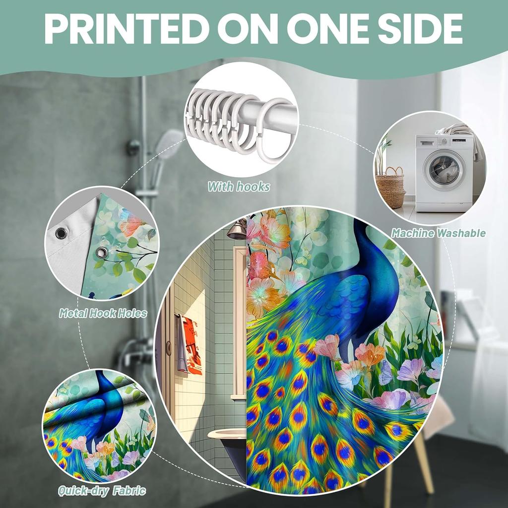 Peacock Shower Curtain Feather Asian Chinoiserie Watercolor Floral Art Bathroom Decor, Waterproof Cloth Fabric With Hooks