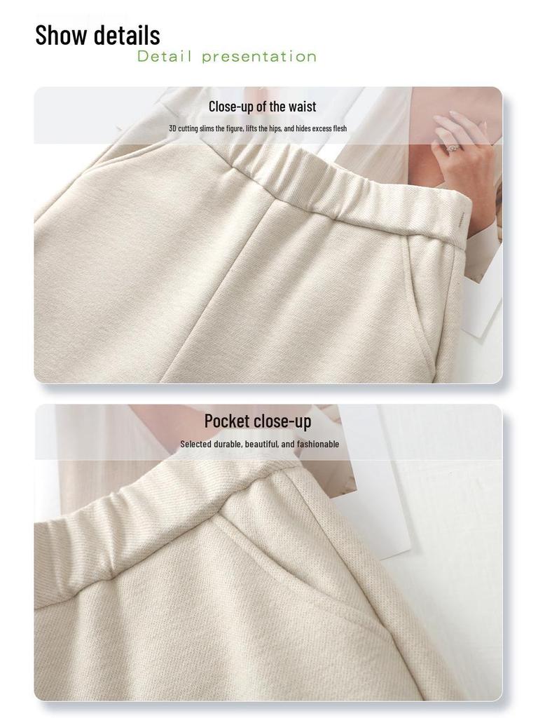 2024 Women's Gray Wool Wide-Leg Pants: Soft, Fleece-Lined, Thickened for Autumn/Winter