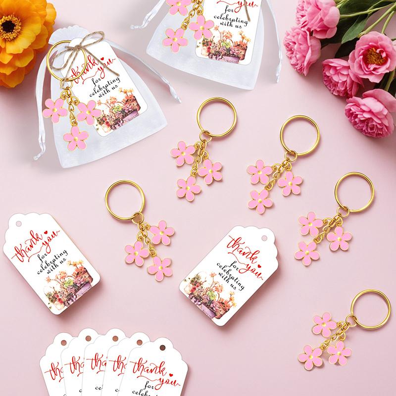 

12 Set Flower Keychain Party Favors Set Steel Flower Keyring Flower Charm Present With Tags And Organza Bag For Guests Baptism