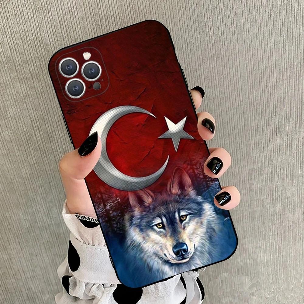 Turk Wolf Turkey Flag Phone Case For iPhone 15,14,13,12,11,Plus,Pro Max,XS,X,XR,SE,Mini,8,7 Soft Silicone Black Cover