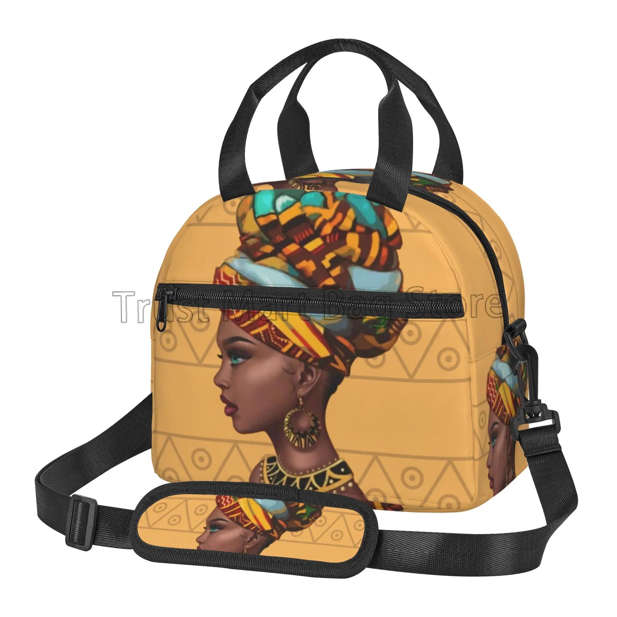 

African American Black Girl Pattern Insulated Lunch Bag Reusable Thermal Lunch Box with Shoulder Strap for Work Picnic Beach
