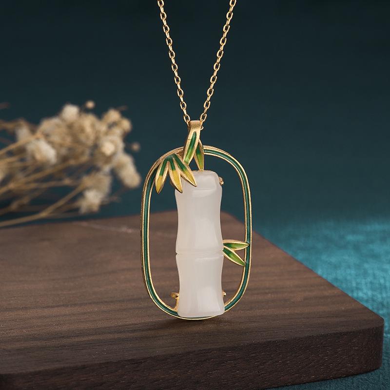 

Vintage Chinese Ethnic Bamboo & Hetian Jade-Inspired Enamel Necklace for Women