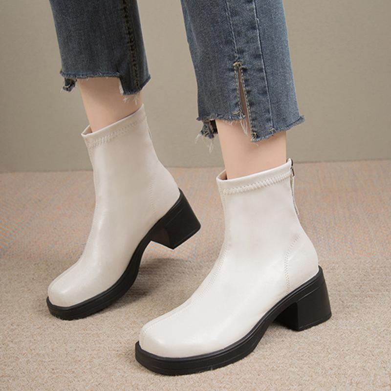 Leather Women Snow Ankle Boots Mid Heels Designer Shoes Winter Chunky Classic Motorcycle Boots 2024 Trend Goth Mujer Zapatillas