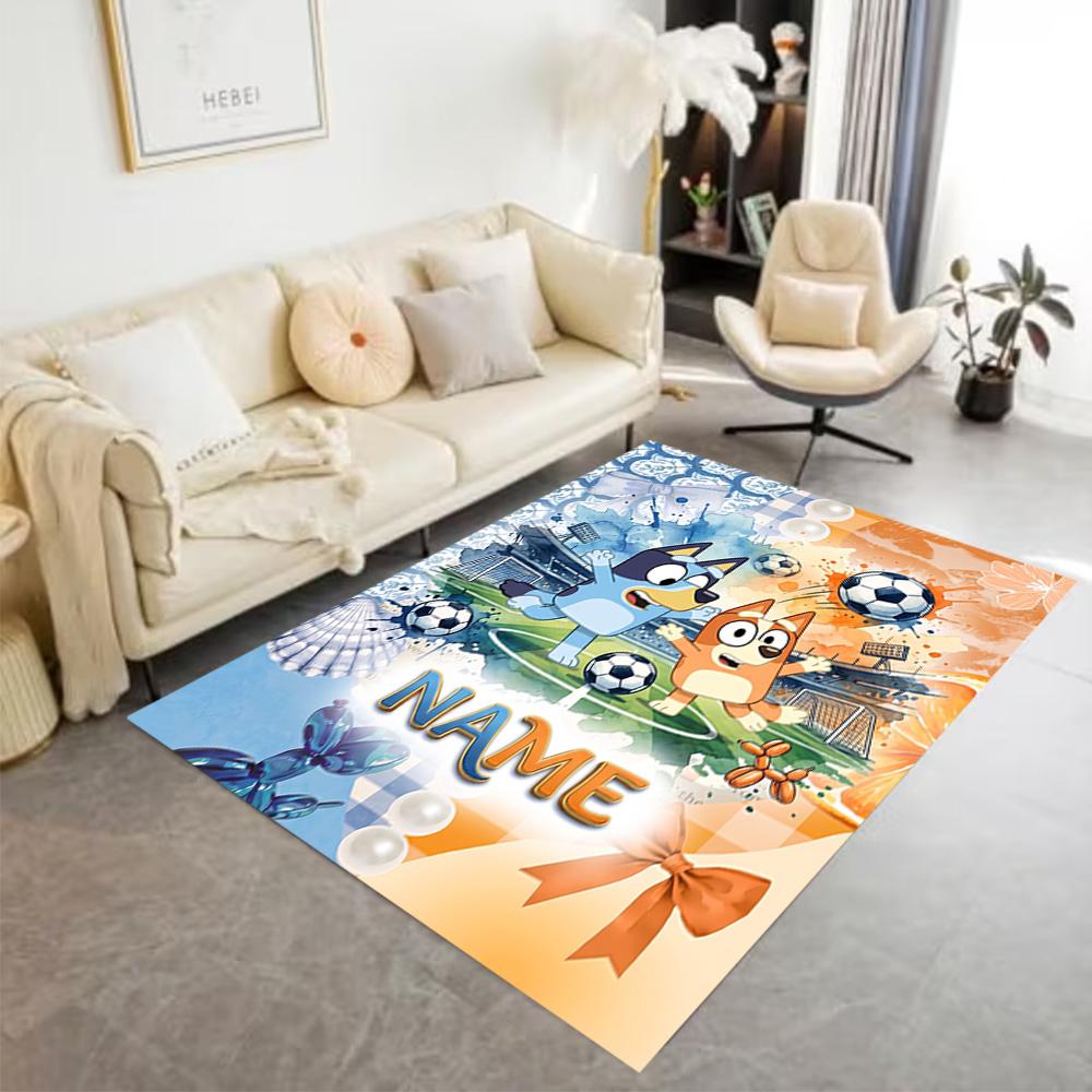 Bluey's Festive Football Fun Customized Name Floor Mat Suitable for Bedrooms Living Rooms Dining Room Decorate Room Antislip Carpet Anime Office Decor