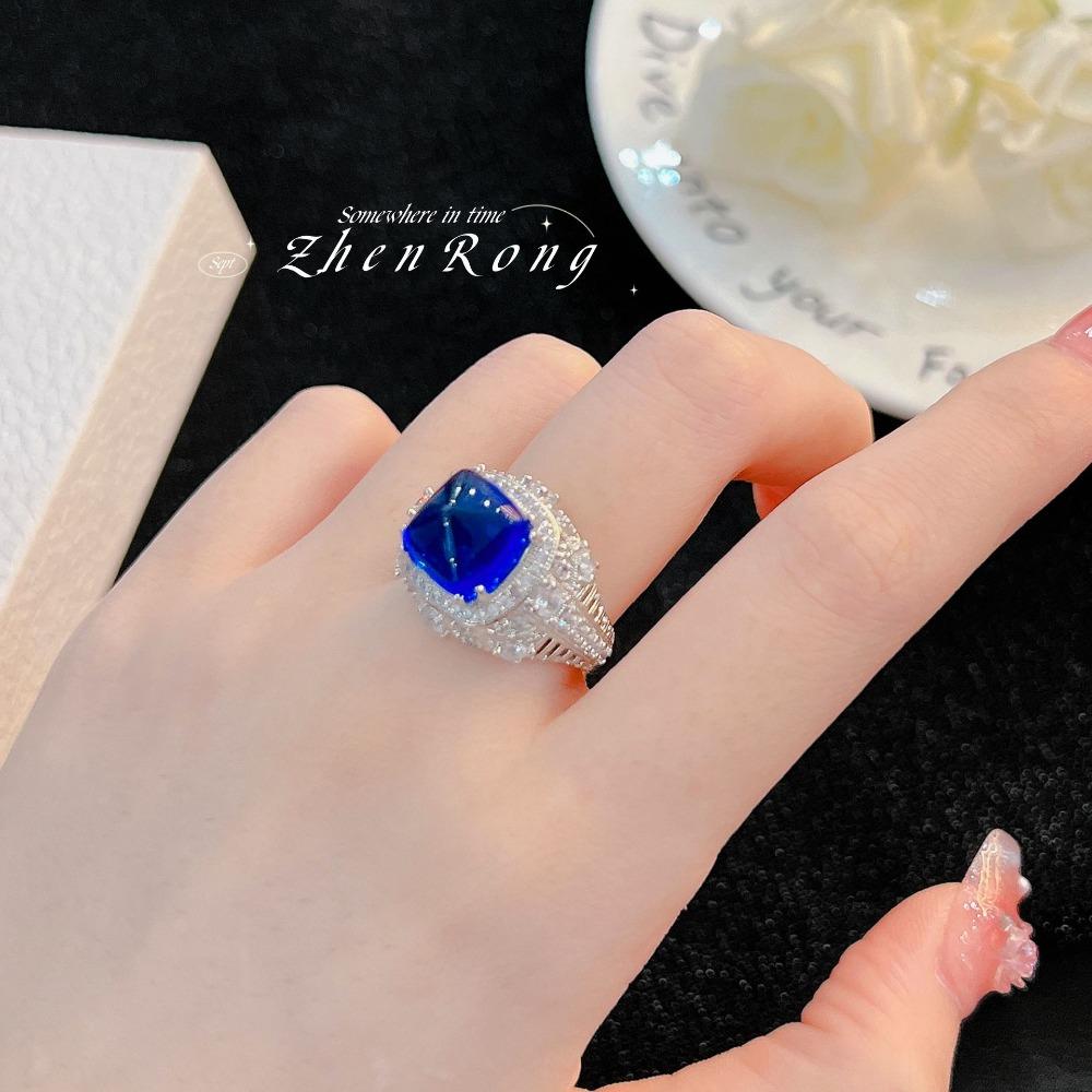 Elegant Royal Blue Candy Tower Ring for Women with Diamond Accents Open Adjustable Statement Jewelry opening adjustable