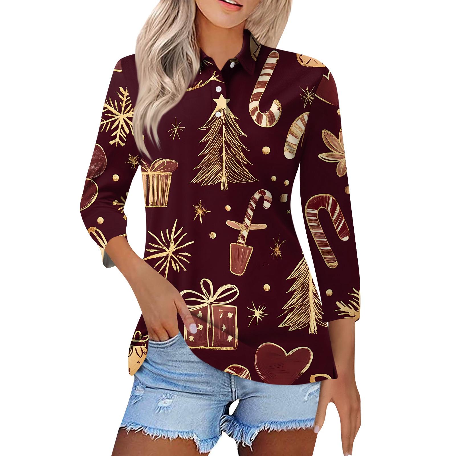 

Women s Fashion Casual Lapel Short 3/4 Sleeve Christmas Print Shirt Women s Button Up Tops XXXL
