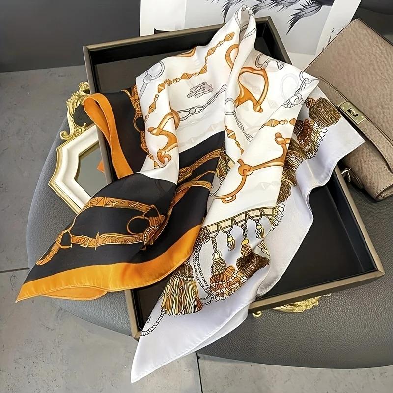 New Chain Tassel Print Square Scarf Luxury Brand Thin Breathable Neck Scarf Boho Style Sunscreen Headscarf For Women