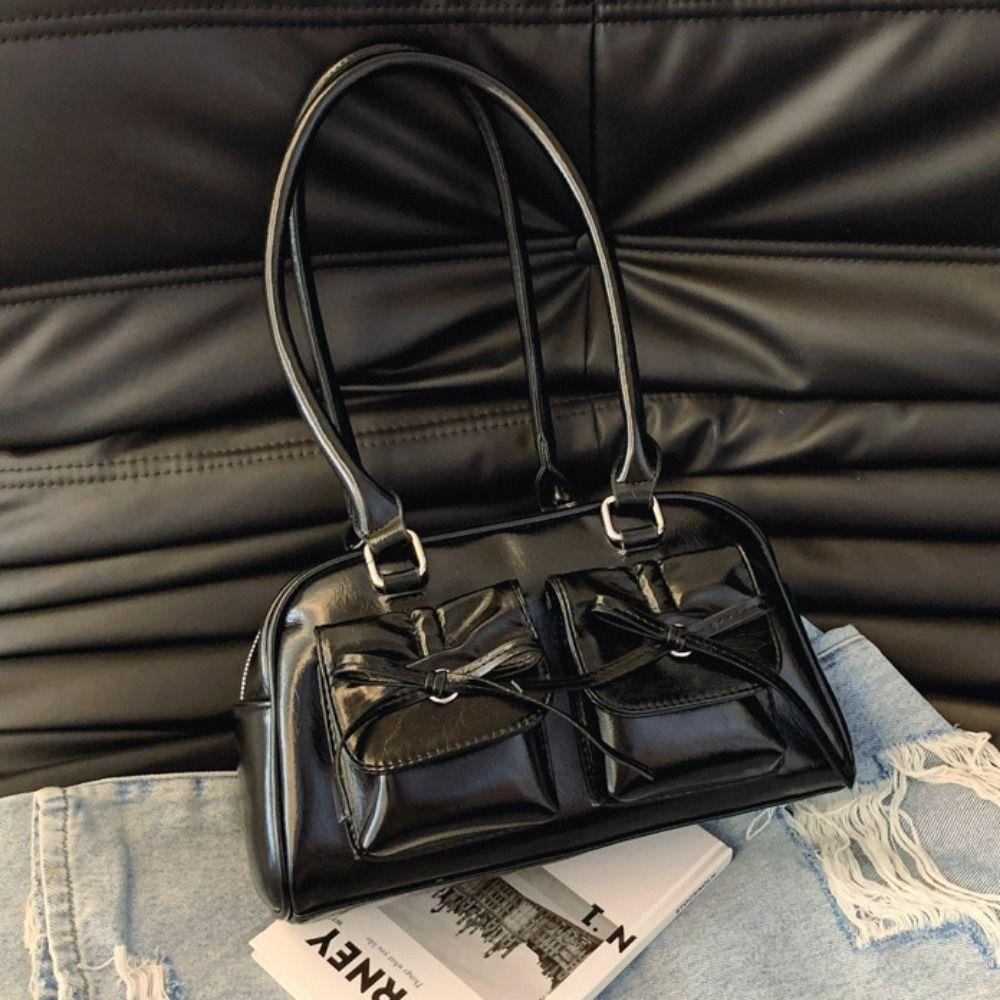 French Style Bow Tie Bowling Bag Elegant Women Handbags Vintage Boston Shoulder Bag  Armpit Bag