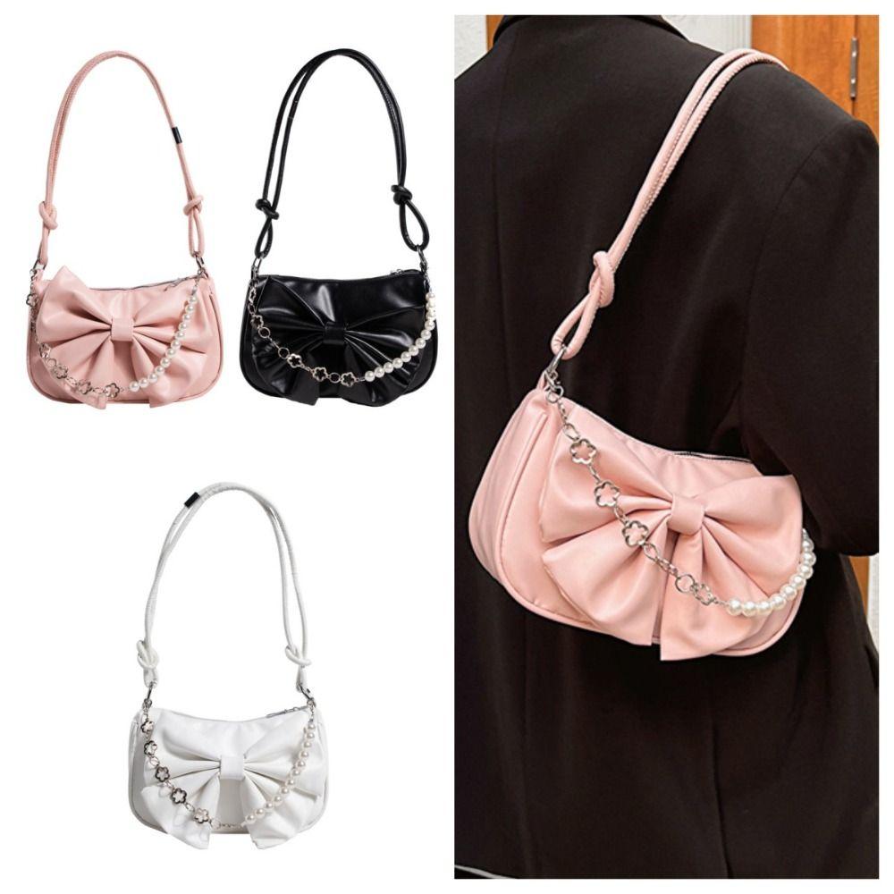 Solid Color Bowknot Shoulder Bucket Bag Korean Style Bow Tote Bag Women Armpit Bag  Office Worker