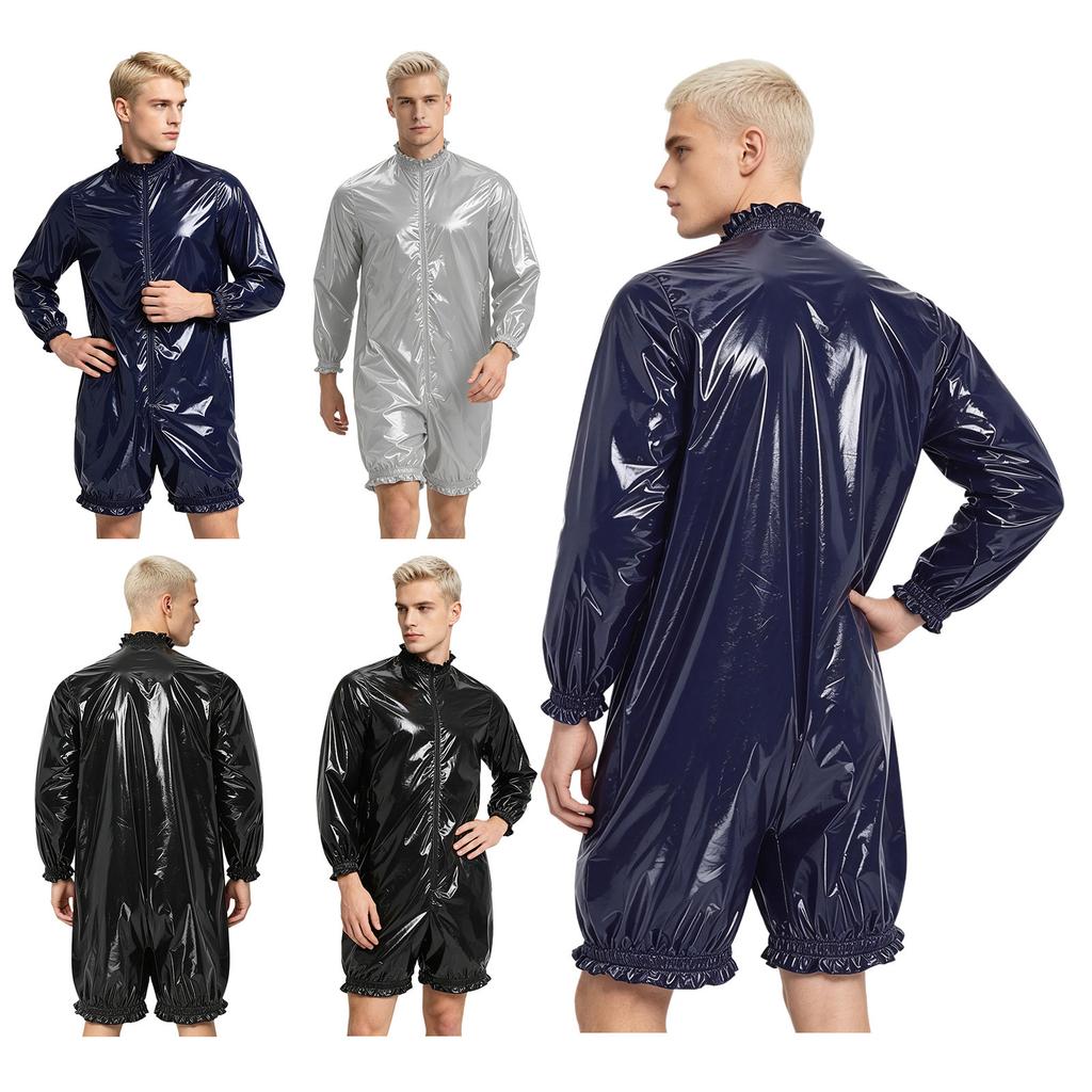 Waterproof Vinyl Long Sleeve Front Zipper Bodysuit with Ruffled Hem Short Bottoms for Men Swimwear Clubwear Diaper Cover