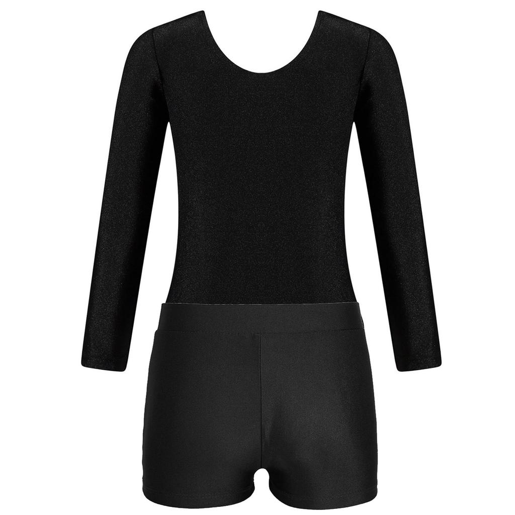Mädchen Glitzerndes Tanzset Langarm Rundhals Strass Verziert Patchwork Turnanzug V-Ausschnitt Bund Shorts
