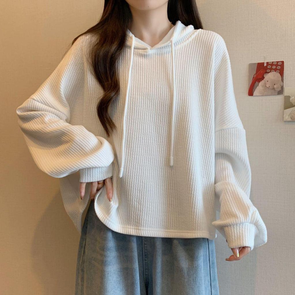 Women's Plus Size Ribbed Hooded Long Sleeve T-shirt - Autumn Loose Fit, Slimming, Stylish Top