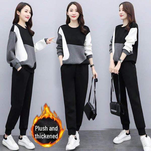 European Contrast Color Women's Velvet Sweatshirt and Trousers Set for Autumn/Winter