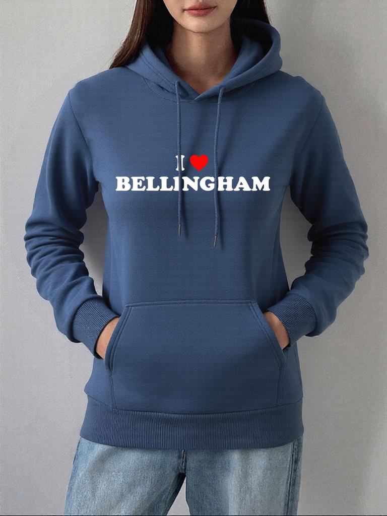 Ich liebe Bel Letter Bellingham Druck Hoodies Damen Winter Fleece Warmes Sweatshirt Lässiger Kängurutaschen-Pullover Street Locker Kleidung