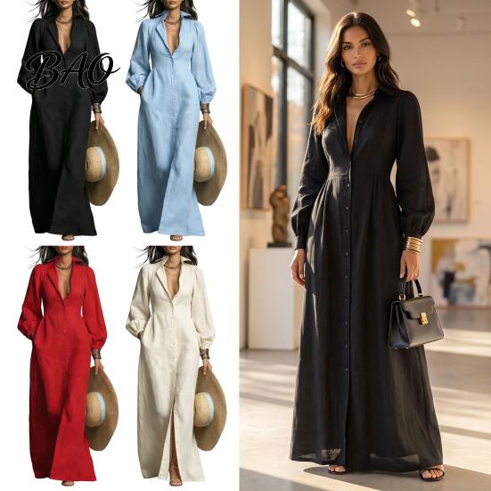Women Casual Dress Button Front Shirt Dress, Long Sleeve Turn-down Collar Dresses Solid Color Cinched Waist for Daily Office Collared Style
