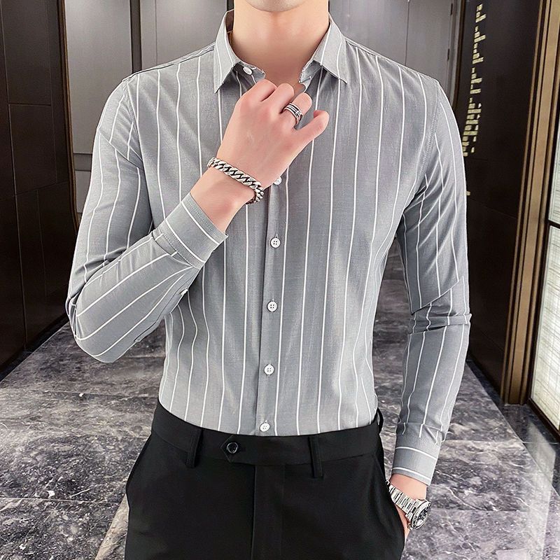 Fashion Formal Handsome Button Striped Shirts Temperament Sven Turn-down Collar Skinny Spring Summer Autumn Thin Men's Clothing
