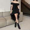 Black ruffle edge irregular dress for women's summer new one-word shoulder waist sexy skirt for women