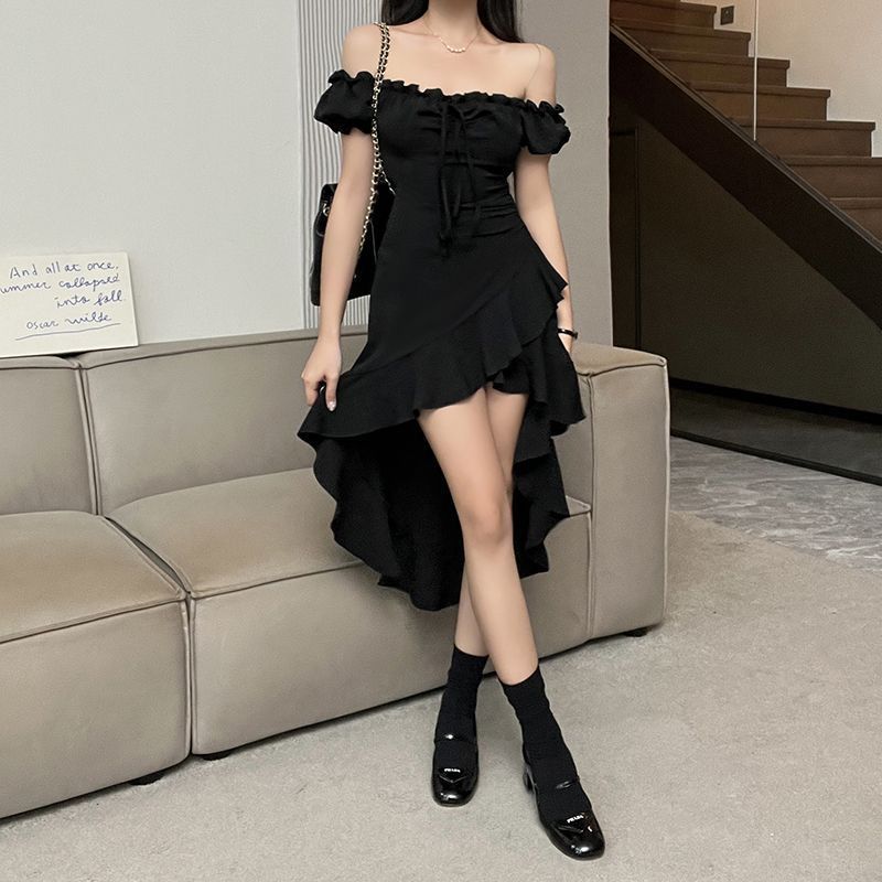 Black ruffle edge irregular dress for women's summer new one-word shoulder waist sexy skirt for women
