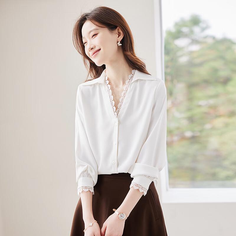Troloman Women's Lace Trim V-Neck Long Sleeve Blouse