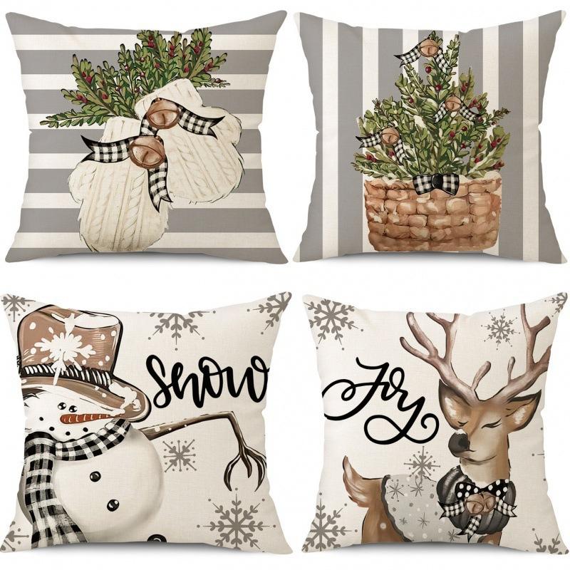 Festive Christmas Cushion Covers with Reindeer, Snowman, and Tree Designs - 45cm, Neutral Tones