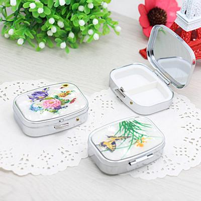 Metal Pill Box with Mirror Reusable Compact Portable Classified Store Pills Flower Print Oblong Shape Large Capacity Pill Organizer for Travel