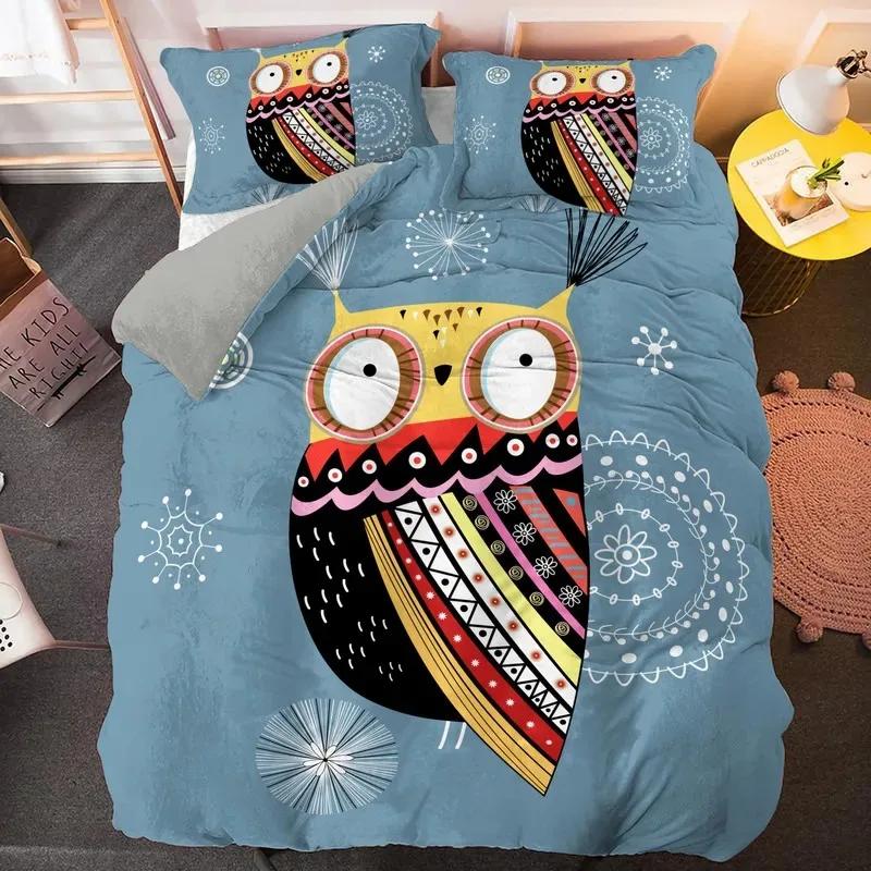 Kawaii Cartoon Owl Duvet Cover Set Full Queen King Size Owl Bedding Set For Girls Boys Brown Owl Cartoon Animal Comforter Cover