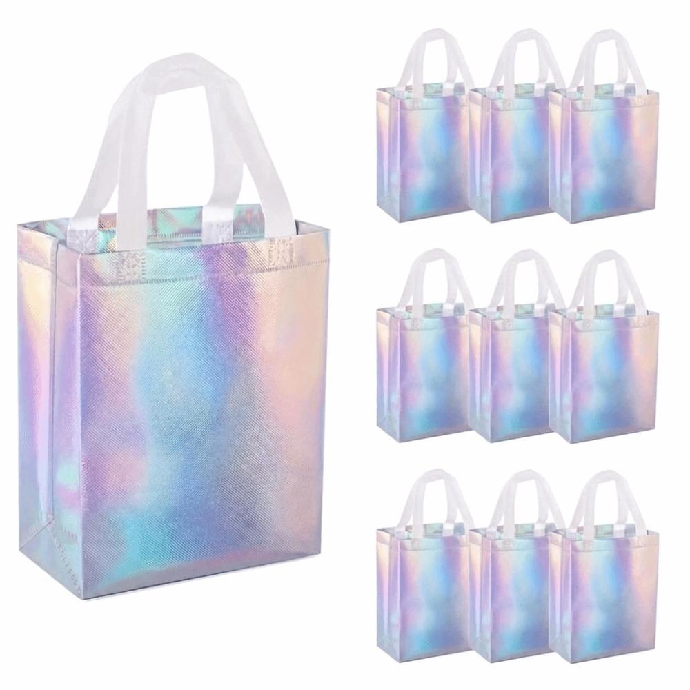10Pcs Iridescent Holographic Gift Bags with Handles Rainbow Color Shopping Bags Non-Woven Reusable Party Favor Bags Christmas