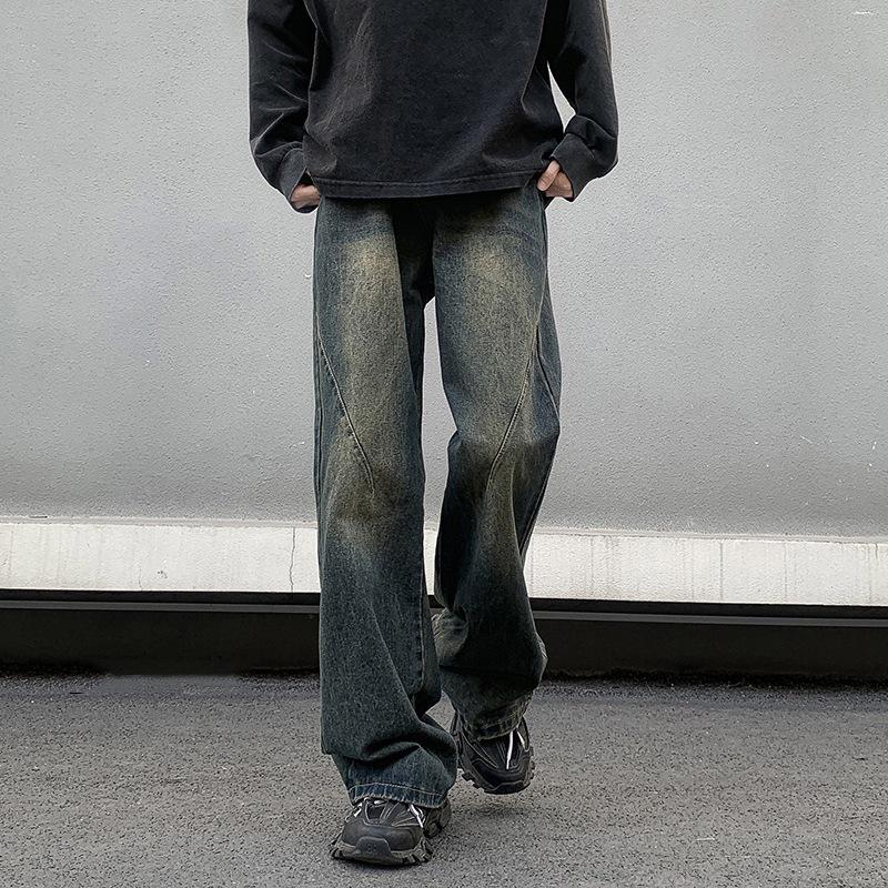 Black and gray gradual change jeans men's American high street vibe pants gear version straight tooling slim-fitting pants