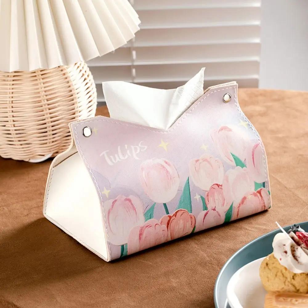 

High Quality Oil Painting Tissue Case with Buttons Smooth Napkin Holder Leather Printing Paper Towel Box Home тюльпан кольору