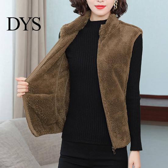 Women Sleeveless Waistcoat Autumn Winter Solid Color Plush Stand Collar Flush Vest Coat Pockets Zipper Placket Thickened Double Sides Fleece
