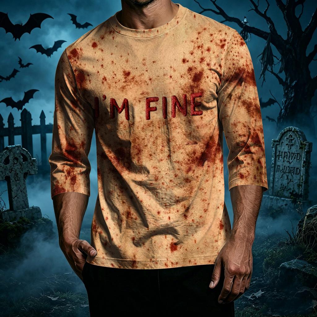 Men's Casual Halloween Print Crew Neck T-Shirt Three Quarter Sleeve Top Lightweight Comfortable Fit