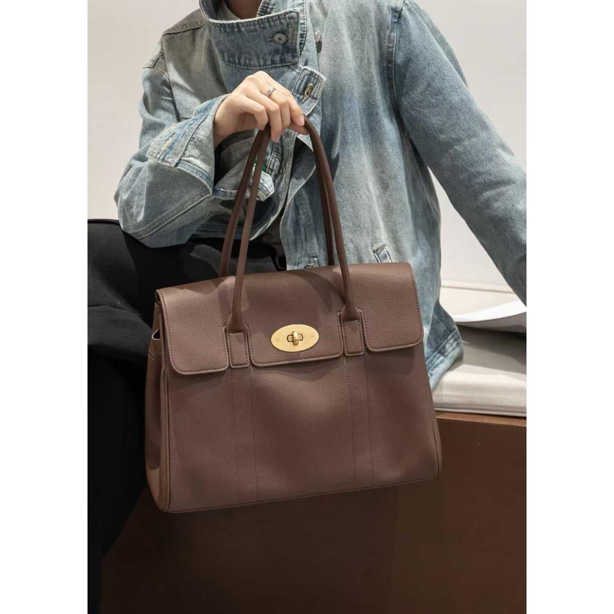 

Women s bag leather high-end summer first-layer cowhide tote bag large-capacity commuting fashion shoulder bag portable soft leather bag 38CM темно-коричневого кольору