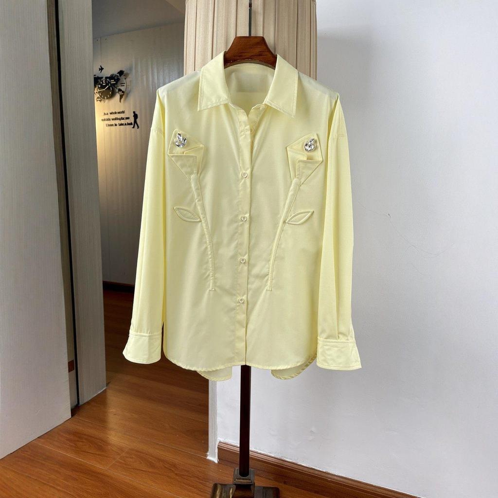 Women's Diamond-Encrusted 3D Floral Loose Long-Sleeve Lapel Shirt, Mid-Length, Spring Top