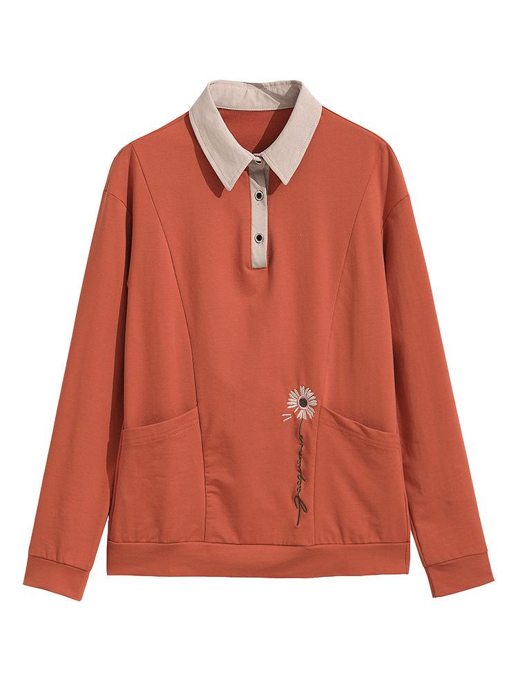 Herbst Baumwolle Langarm Umlegekragen Übergröße Oberteil für Damen