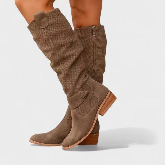 New casual low-heel side zipper burned flower high women's boots