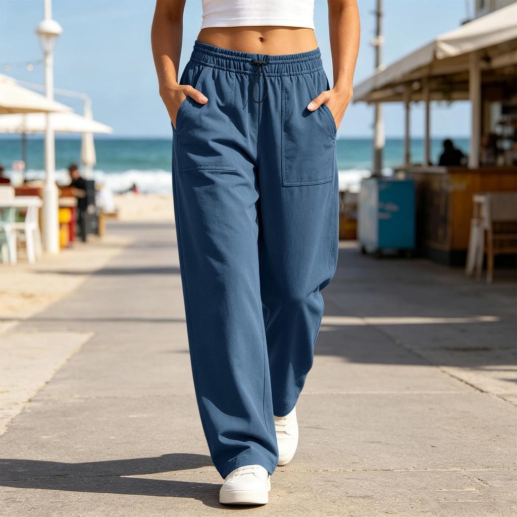 Women Casual High Waist Drawstring Wide Leg Pants Loose Fit Lounge Jogger Trousers with Pockets Elastic Waistband