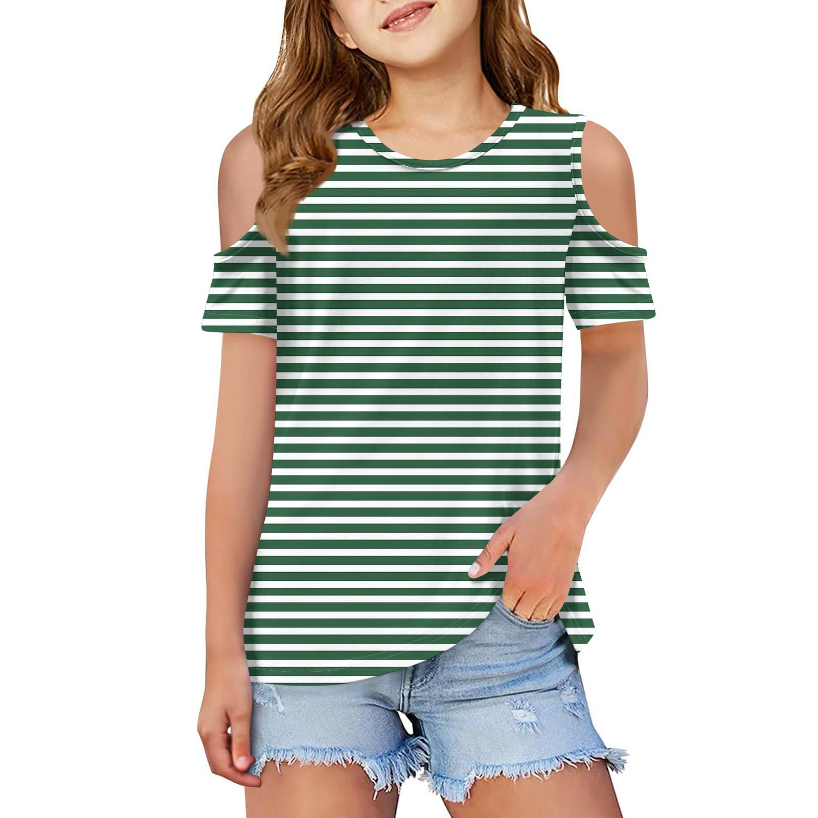 

Детская летняя модная роса плечо круглый воротник досуг полосатая футболка пальто 100 армия зеленый