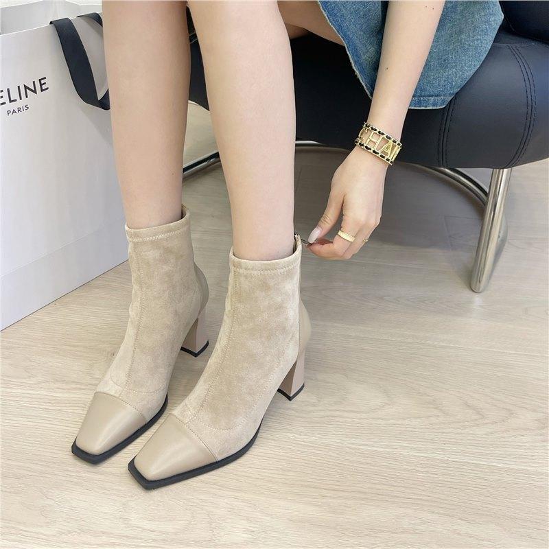 

Ретро квадратный носок, комбинированные короткие ботинки, женские весенне-осенние одинарные ботинки 2025, новые толстые ботинки на высоком каблуке из замши, тонкие ботильоны, ботинки Мартин женские 39