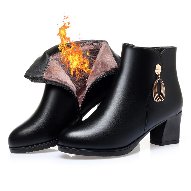 Soft Leather Women's Warm Wool Snow Boots High Heel Black  Beige   New Winter Stylish Anti-slip Side Zipper Ankle Boots