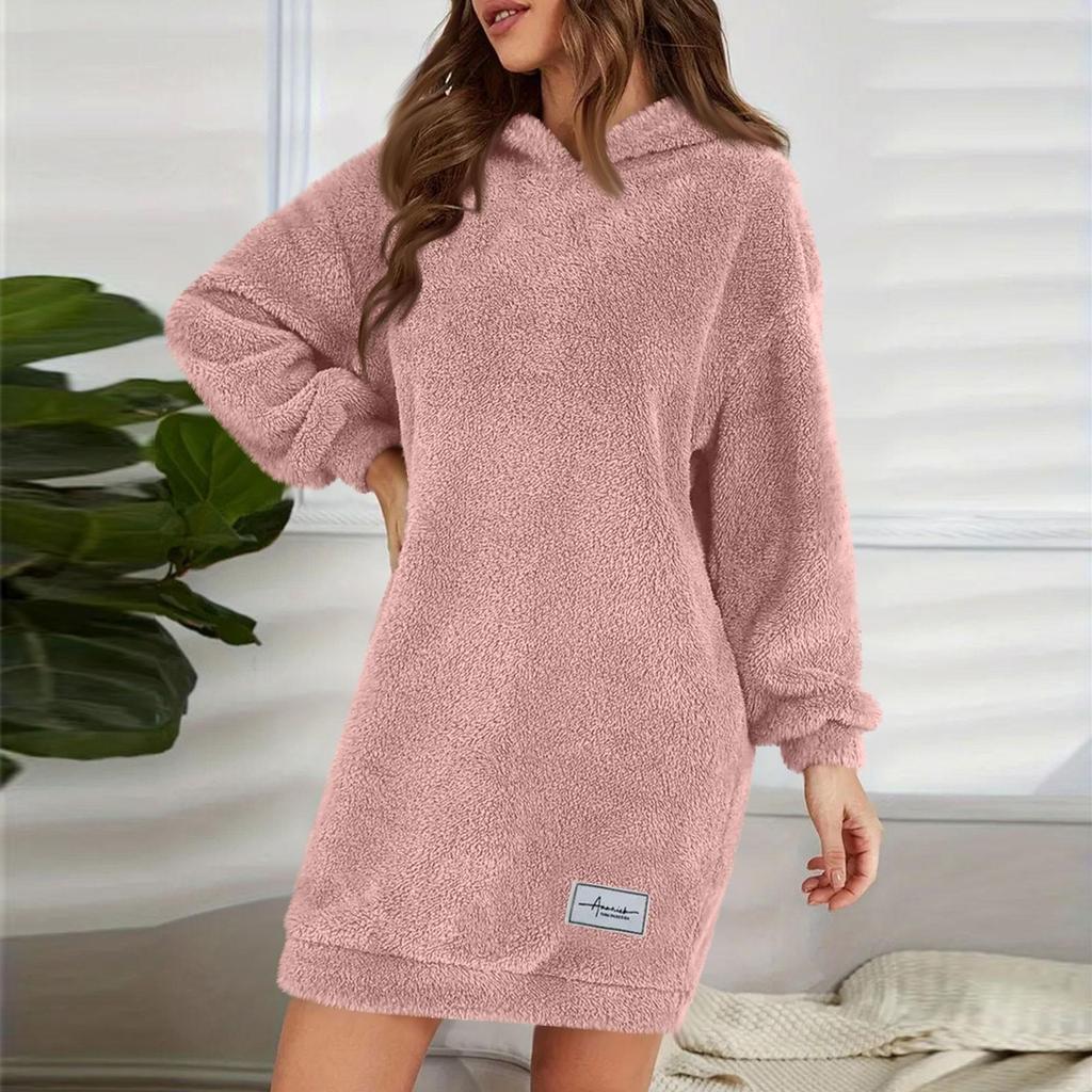 Abito da donna alla moda con cappuccio a maniche lunghe in peluche tinta unita felpa casual