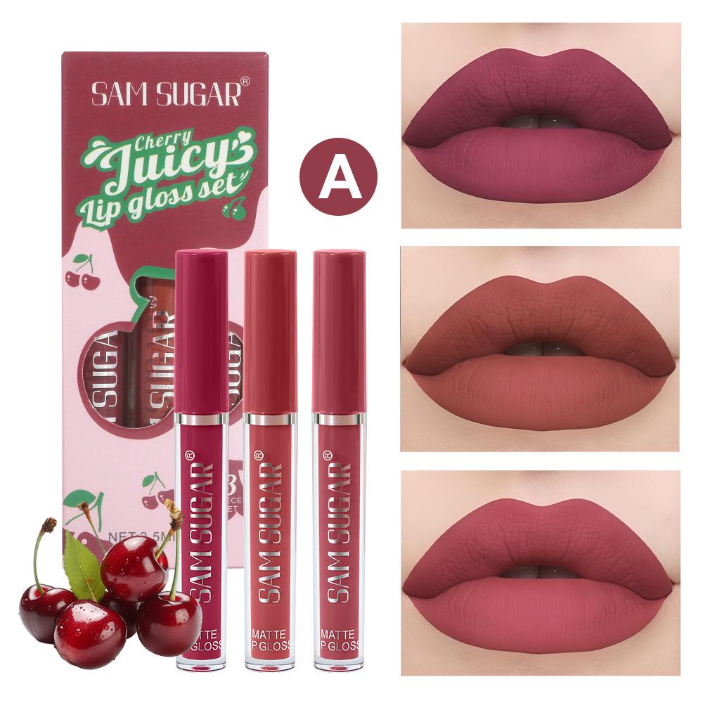 3-color Fruit Lip Gloss Set, Matte Matte Sexy Lip Glaze, Non-stick Cup, Waterproof Non-fading Lipstick Makeup