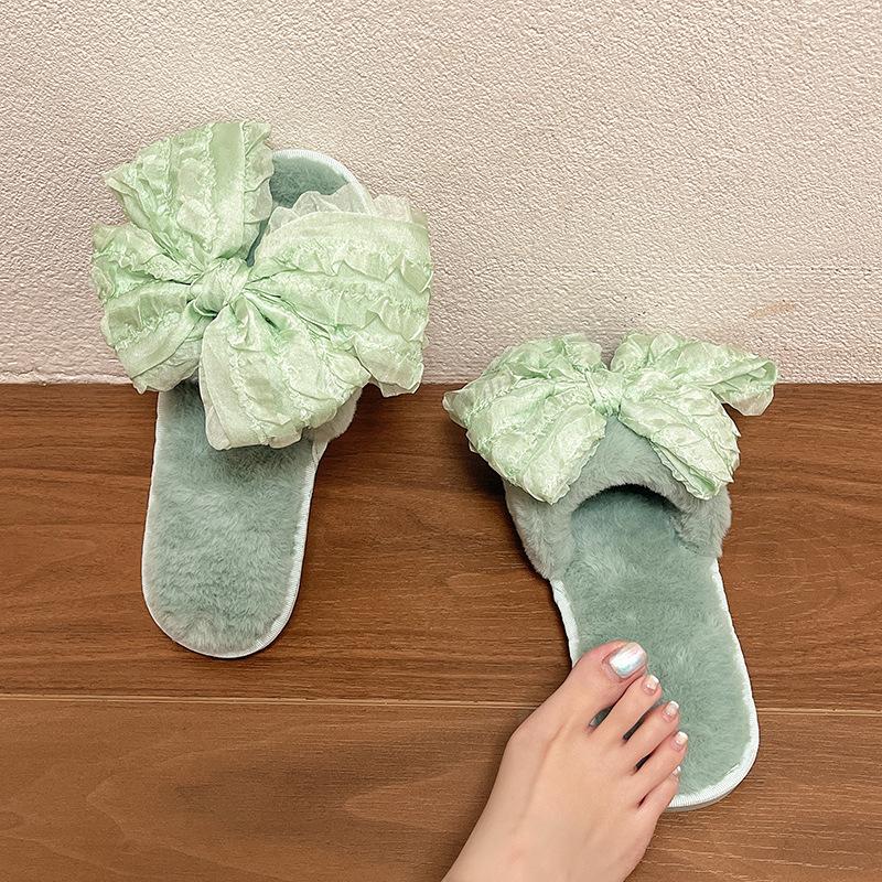 

Домашние плюшевые тапочки на плоской подошве, однословные, удобные, 2025, верхняя одежда, тапочки Мао Мао, новинка весны, однотонные, модные, женские, с бантом 36-37 зелёный