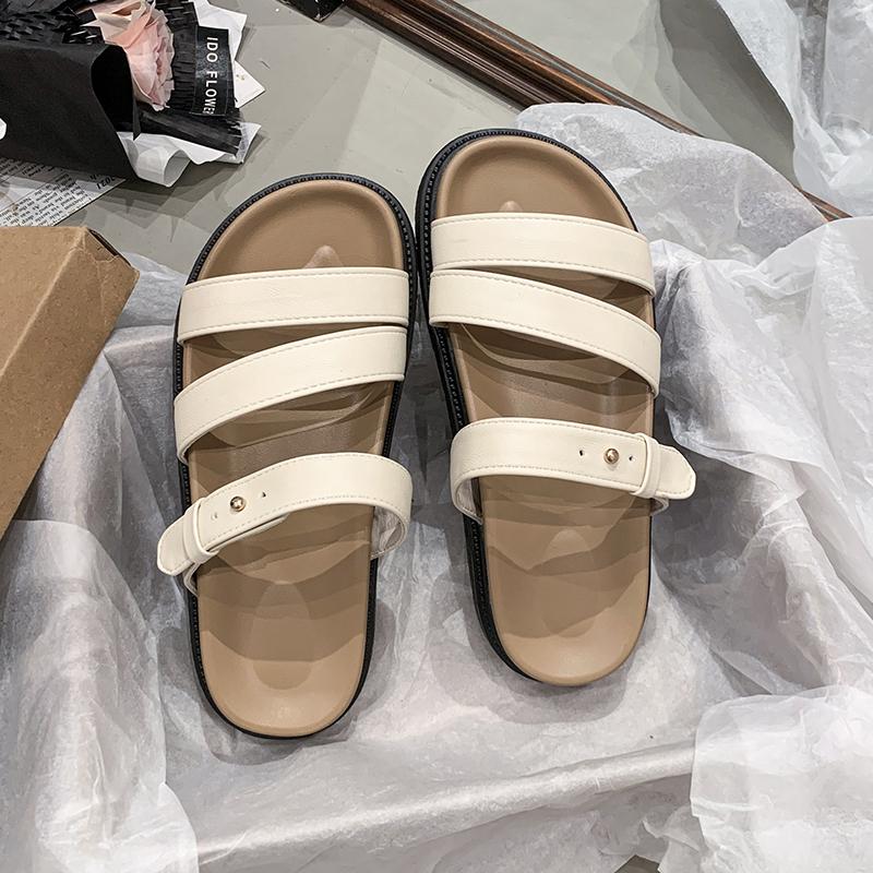 

Модная женская обувь 2025 Модные женские шлепанцы с открытым носком Новые летние уличные повседневные больших размеров Удобные лаконичные шлепанцы на плоской подошвеzapatos 42 покинуть белый