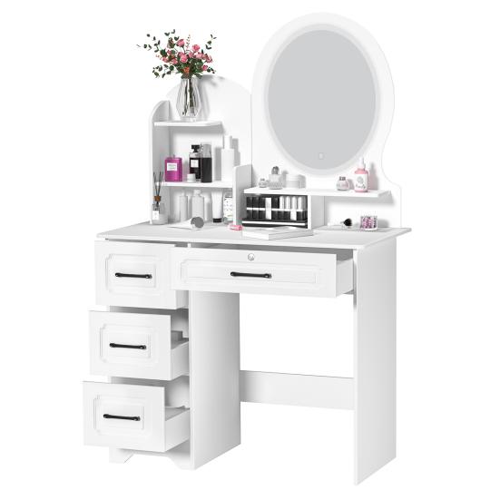 Makeup Desk with Mirror, Large Vanity Desk with Storage Shelves, 4 Drawers, Makeup Vanity Table with Light, Bedroom Dressing Table